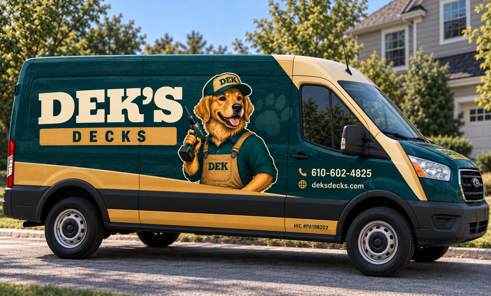 Dek's Decks work van wrapped in the teal-and-gold brand with the Dek mascot, phone number and license HIC #PA198202