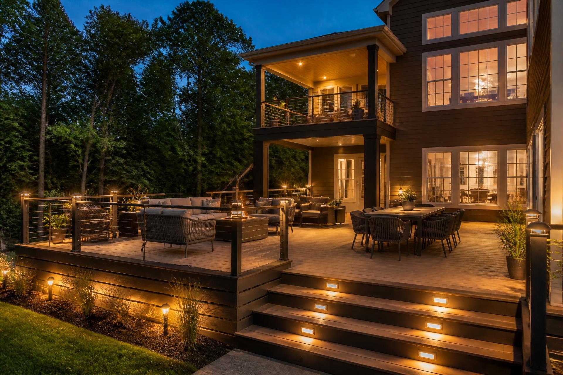 Multi-level composite deck lit at dusk behind a suburban home