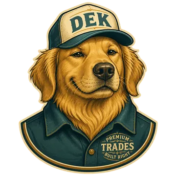Dek the golden retriever mascot badge