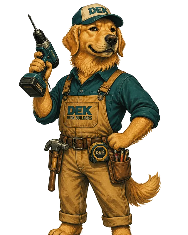 Dek the golden retriever deck builder in a DEK cap holding a cordless drill