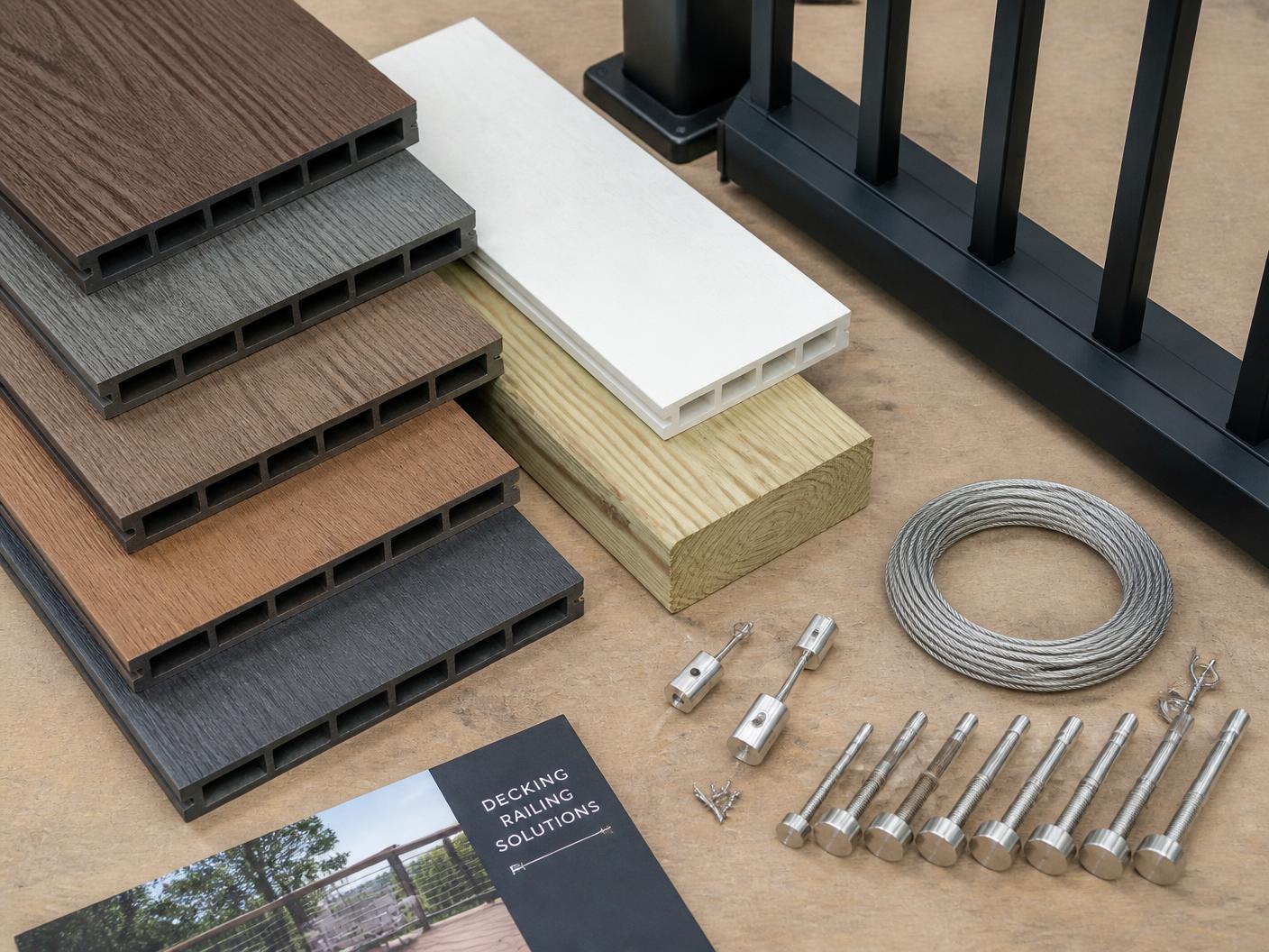 Composite, PVC and pressure-treated decking samples with aluminum and cable railing hardware